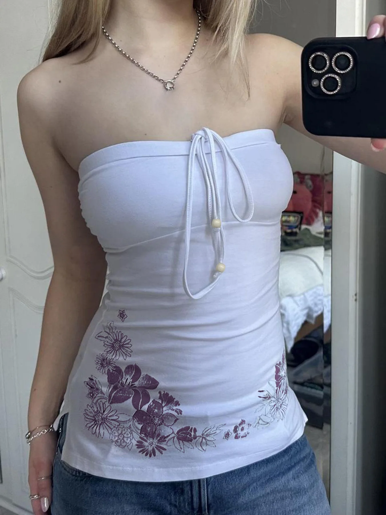 Summer vacation style women's strapless camisole top with bow tie and lace up print, fashionable strapless vest