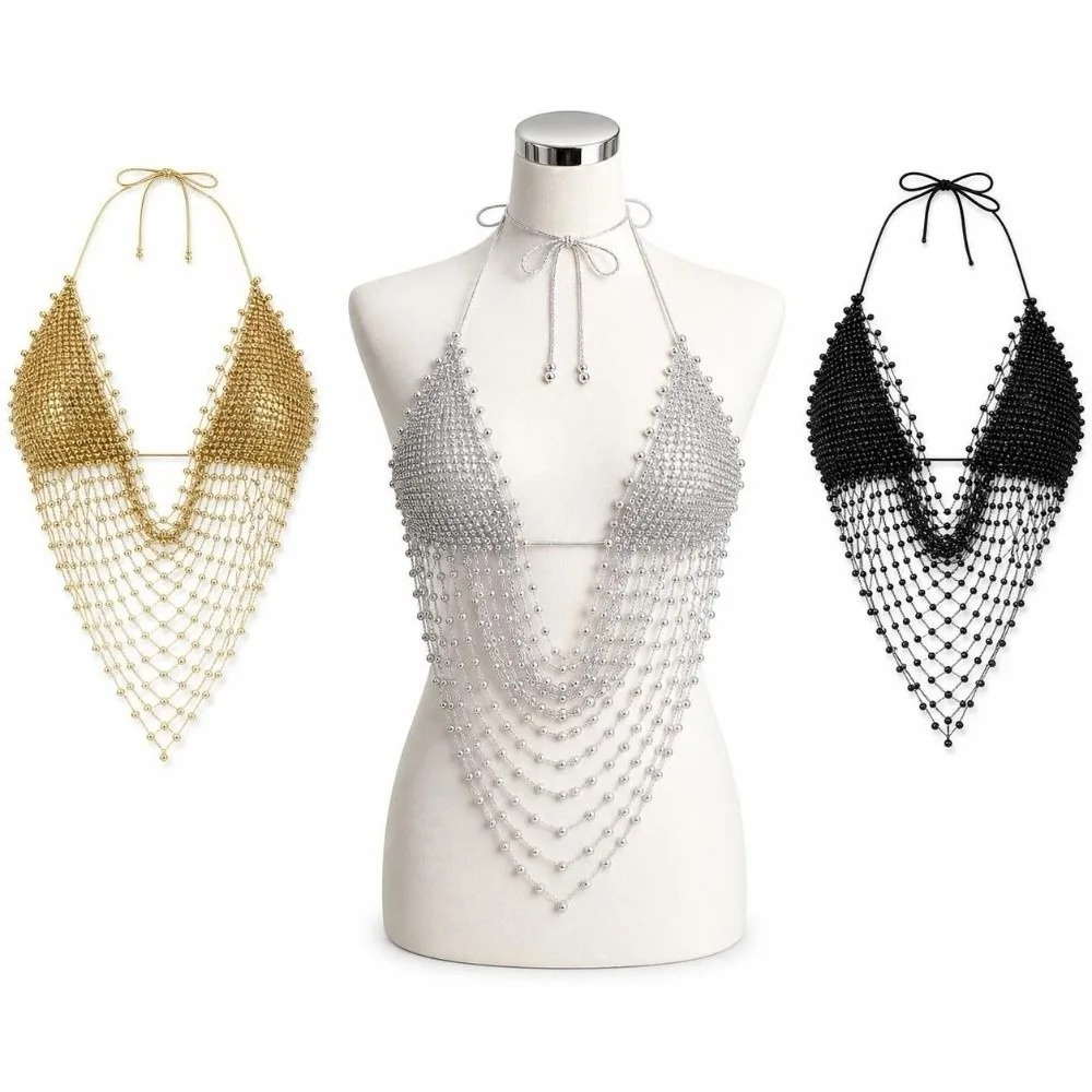 New Y2K Fishnet Tank Top Hollow Out Fishnet Mesh Texture Body Chain Rhinestone Decor Backless Top