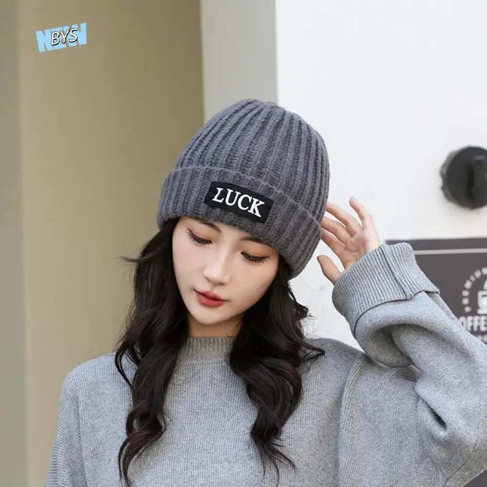 

Fashion Streetwear LUCK Pullover Hat Soft All-match Plush Woolen Hat Headgear Elastic Solid Color Knitted Cap Winter