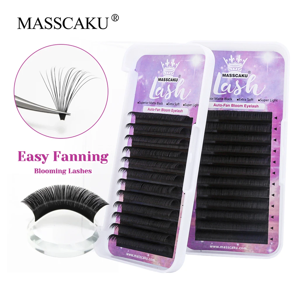 

MASSCAKU 8-17mm and Mix Size Customized Private Label Multi-texture Easy Fanning Lash Black Russian Volume Lashes Easy to Pick