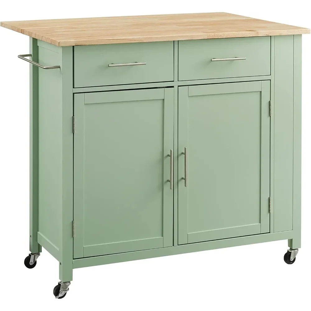 Wood Top Drop Leaf Rolling Kitchen Island Cart with Spice Rack and Shelves - Mint Color