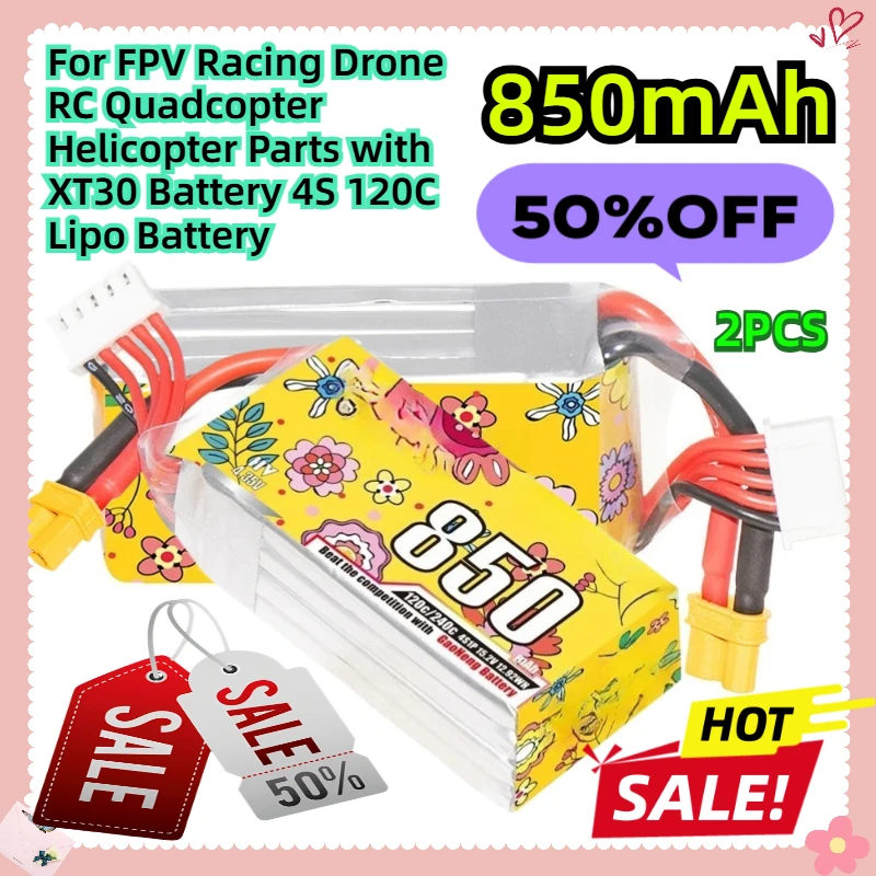 2PCS 15.2V 850mAh For FPV Racing Drone RC Quadcopter Helicopter Parts with XT30 Battery 4S 120C Lipo Battery