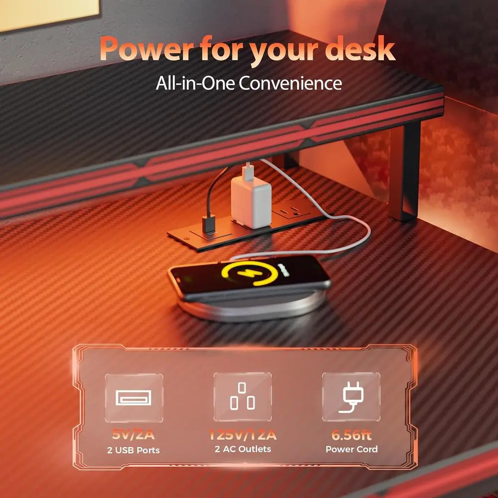 60 Reversible Gaming Desk with LED Lights, Storage, and Power Outlets