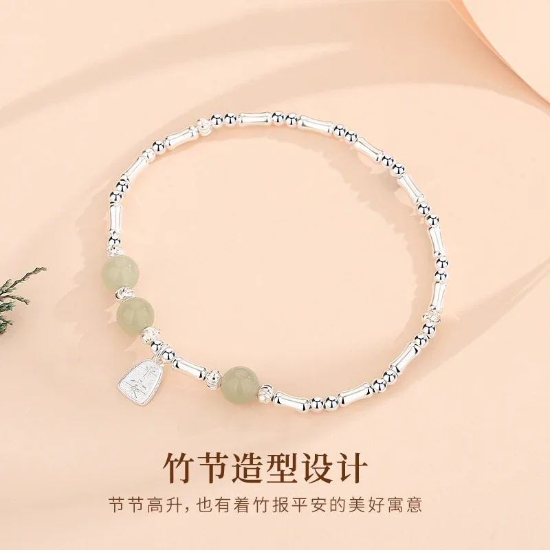 Exquisite Design Sense 925 Sterling Silver Ping An Joy Natural Hetian Jade Bracelet Women's All-match Retro Style Bamboo Jewelry