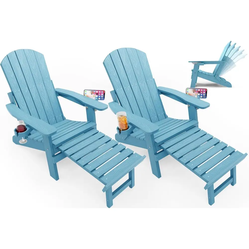 

2-Piece Blue Outdoor Plastic Adirondack Chair Set with Retractable Ottoman and Adjustable Backrest