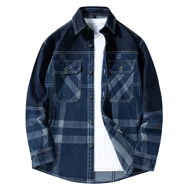 

Spring And Autumn Men's Denim Shirt Thin Denim Plaid Jacket Men's Denim Men's Plaid Jacket Top