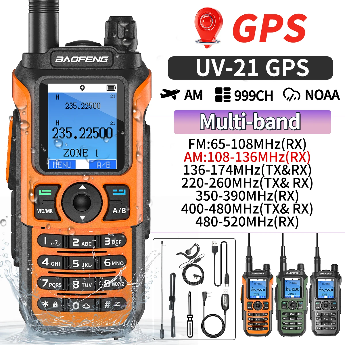 Baofeng UV-21 GPS Walkie Talkie 10W Full Band AM FM 999CH Long Range Waterproof Type-C Two Way Ham Radio Upgraded UV-17 PRO GPS