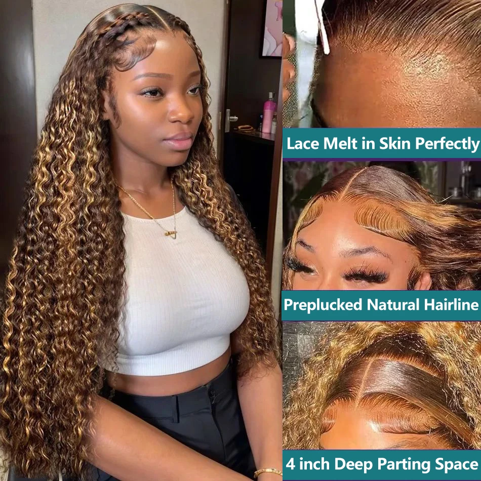 40 50 Inch Highlight Honey Brown Water Curly 13x4 HD Lace Front Human Hair Wigs Remy 13x6 Ombre Color Deep Wave Lace Frontal Wig