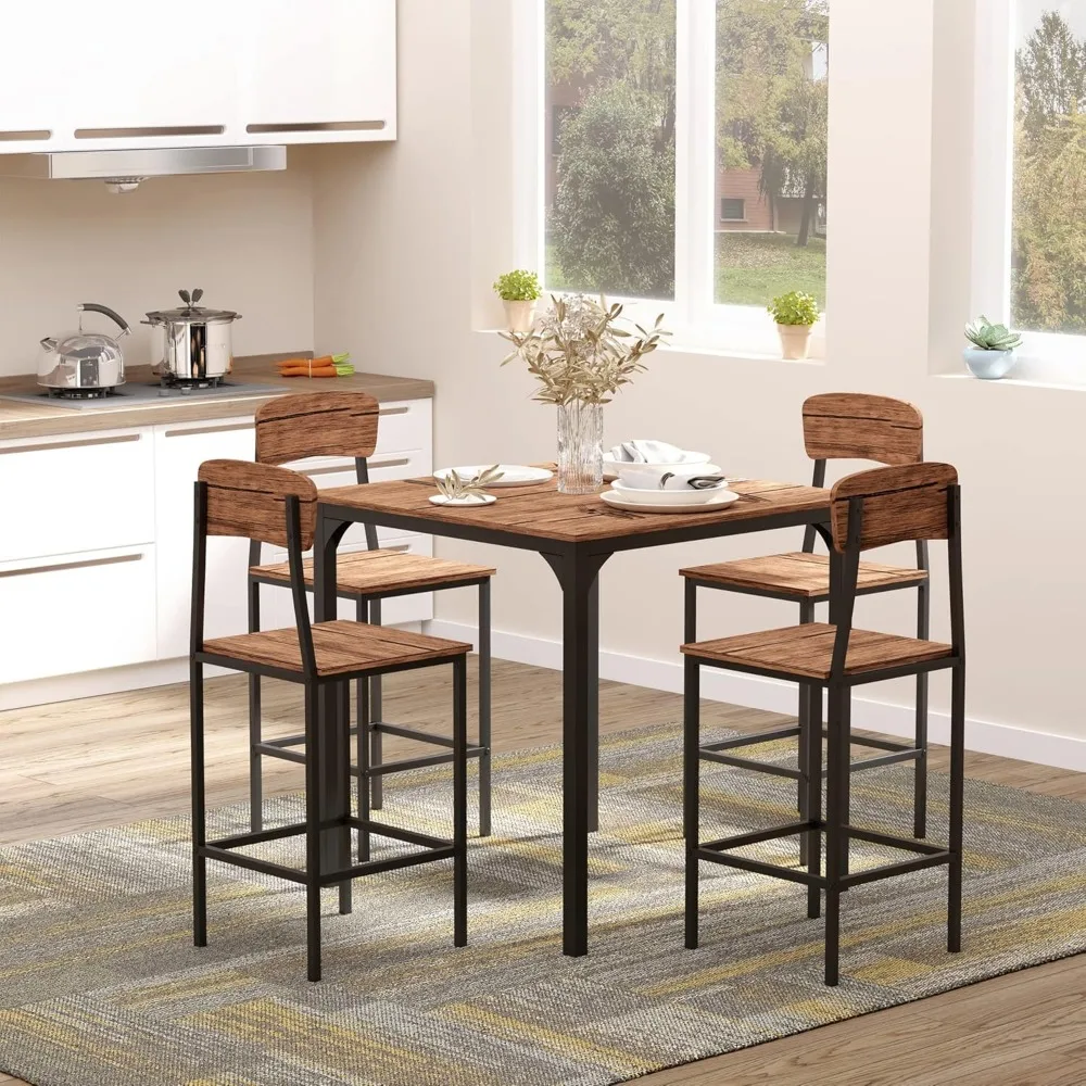 Counter Height Bar Table Set for 4, Square Kitchen Table and Chairs Set with Footrest, Metal Legs, Industrial Dinner Table Set