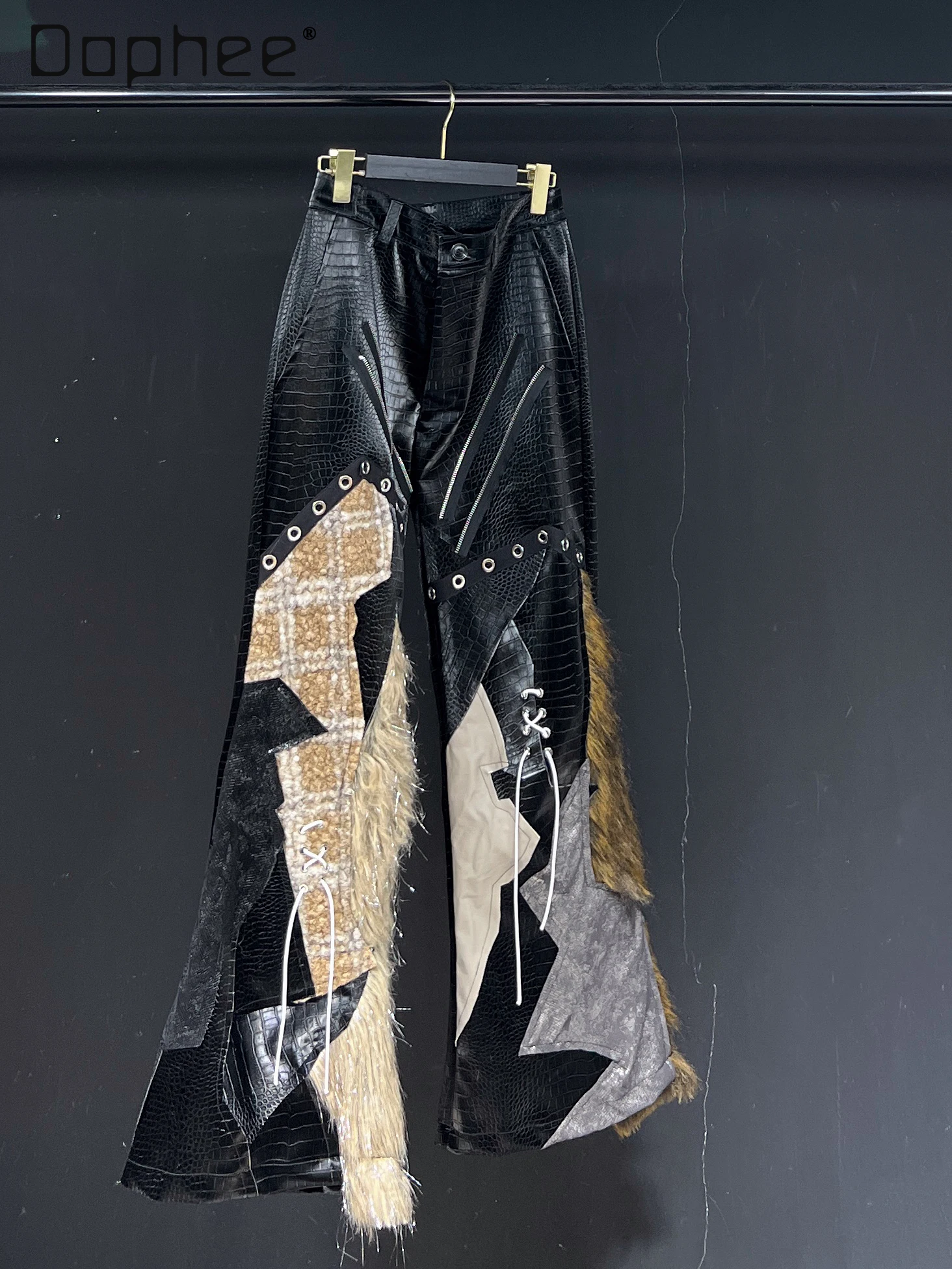 

Уличный стиль, черный крокодиловый узор, лоскутные плюшевые заклепки, прямые брюки с высокой талией, мужские высококачественные модные элегантные широкие брюки