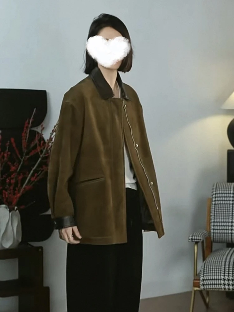 Braune Retro-Lederjacke für Damen, trendiger Kinder-Wildledermantel, Streetwear, Femini-Anzugkragen