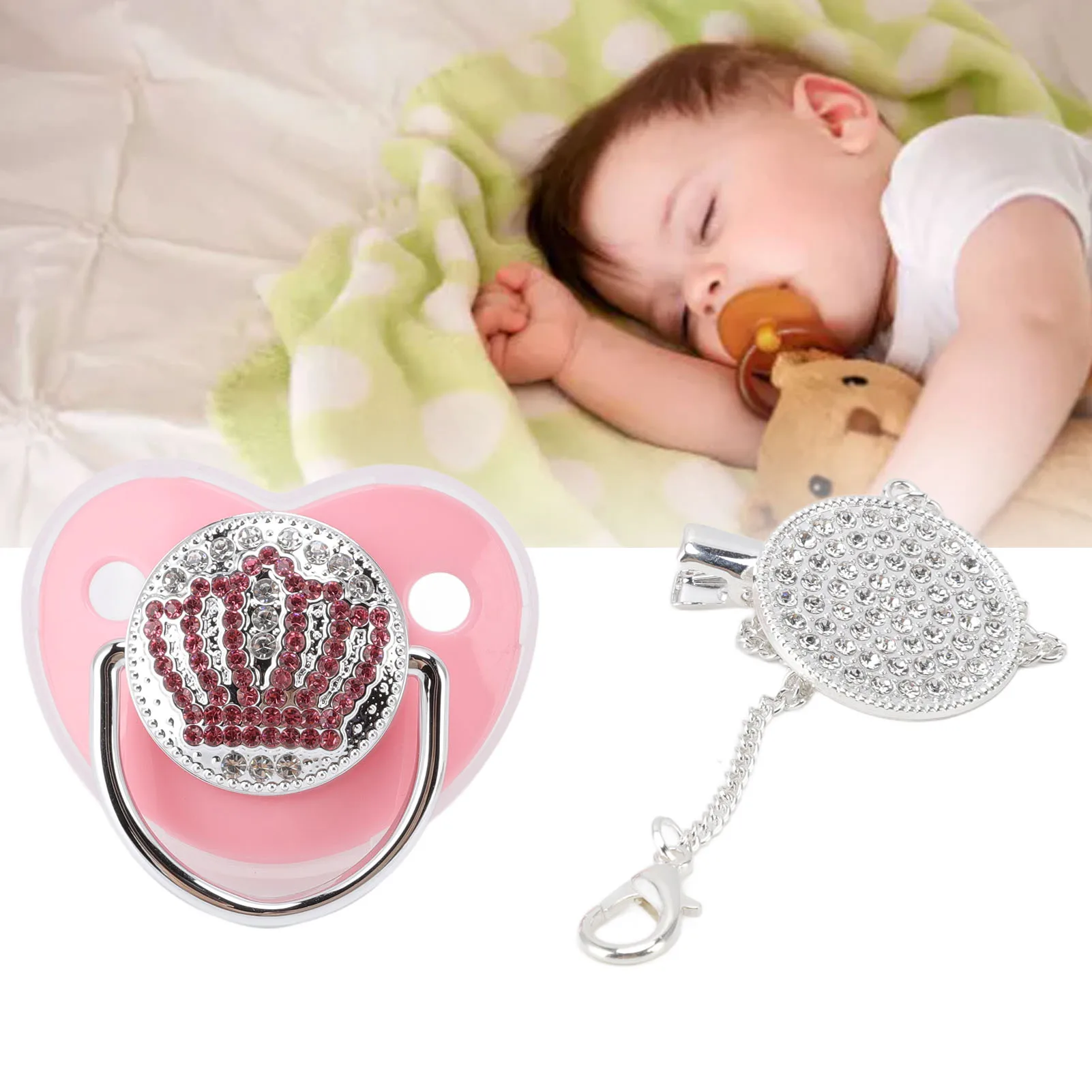 

ZK50 Bling Baby Pacifier Rhinestone Crown Ultra Soft Silicone BPA Free Safe Infant Dummy Pacifier M Size Pink