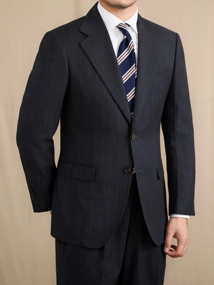 Vintage Business Men Slim Fit Wool Suit Set Single Breasted Blazer Jacket Pants Two Piece Set Striped Formal Wedding Dress Suits