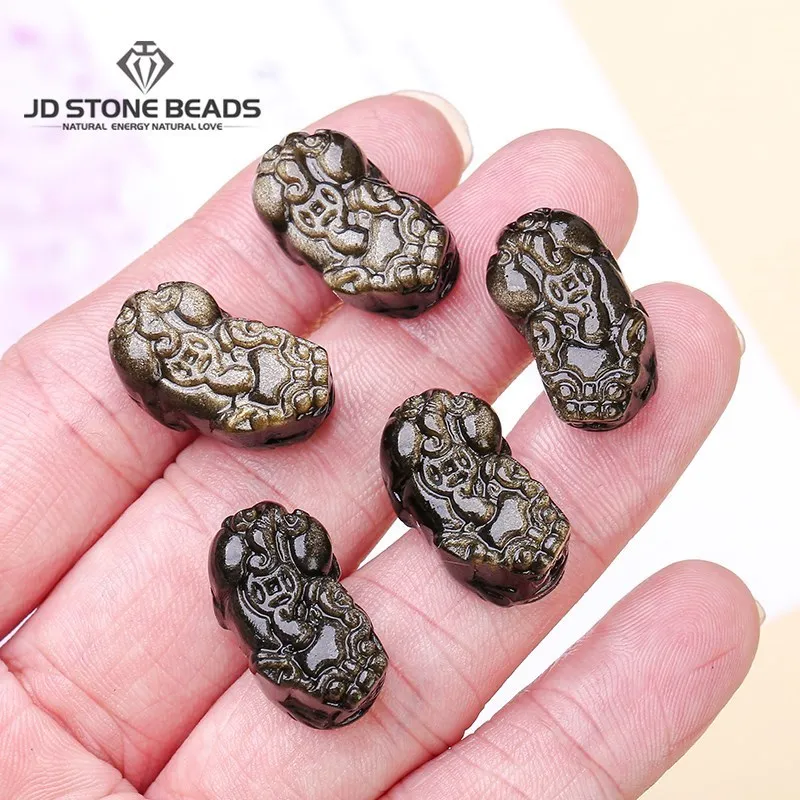 1 Pc Natural Gold Obsidian Pixiu Carved Through Hole Bead Wealth Amulet For Jewerly Making Diy Bracelet Necklace Accessory