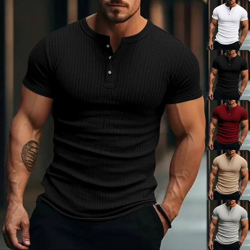 

Men V Neck Shirt Pullover Casual Shirt Short Sleeve T Shirts Slim Fit Button Summer Spliced Solid 2025 Striped Slight Strech