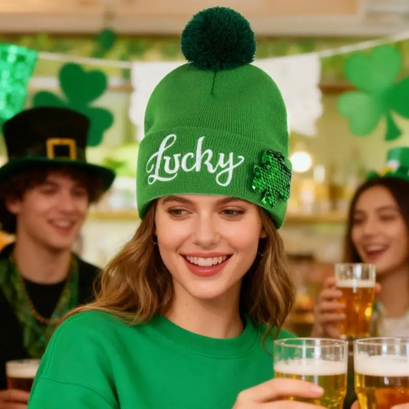 31BF Double Layered Green Knit Hat StPatricks Pullover Hat with Irish Shamrock Design Comfortable Hat for Festival Occasion