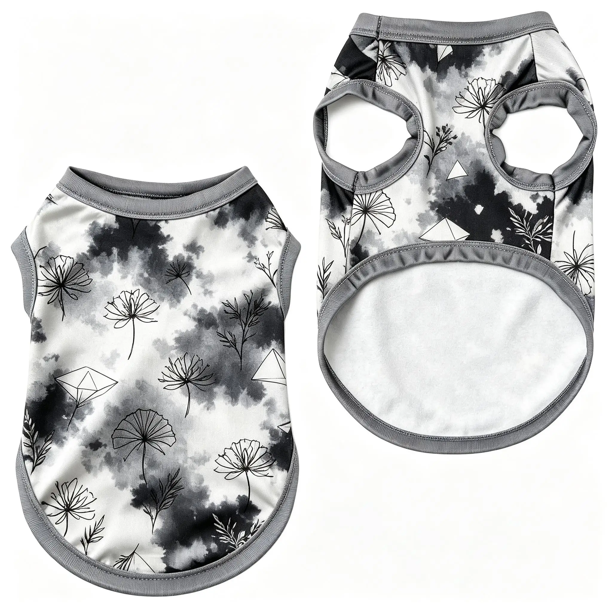 Pet Dog Vest Grey Ink Floral Print Lightweight Sleeveless Shirt for Small Medium Dogs Artistic Zen Theme Daily Wear