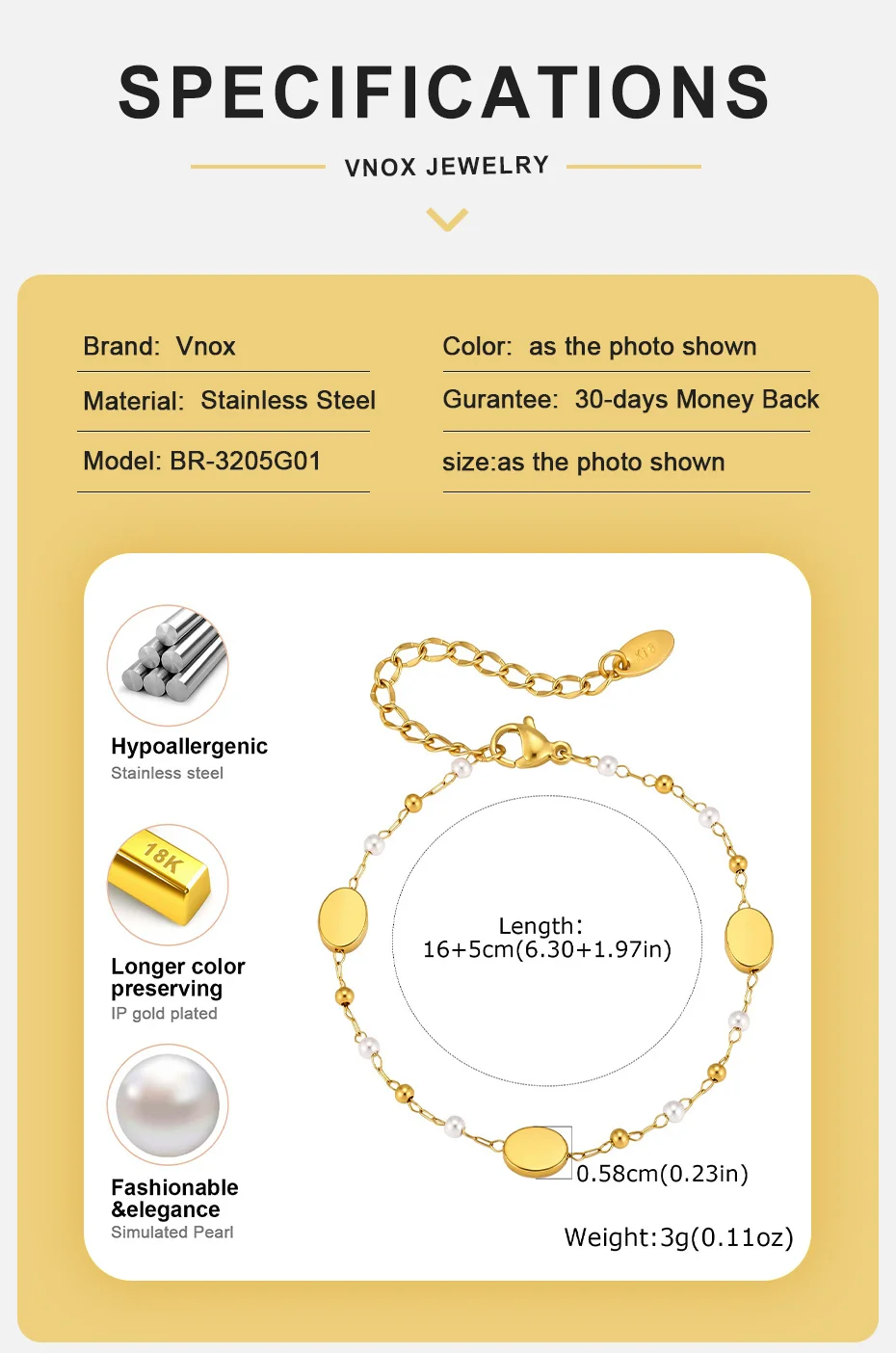 Vnox Minimalistische Stapelbare Halskette und Armbänder mit Imitationsperlen für Damen, Trendiger Edelstahl-Schmuck mit Goldplattierter Ovaler Kette – Detail 5