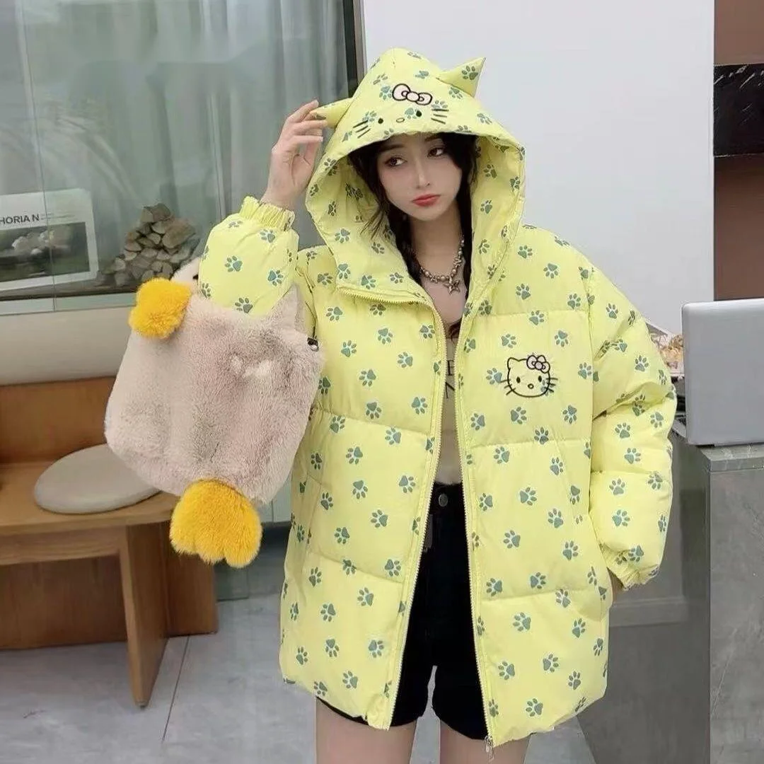 Sanrio Hello Kitty Korean Version Print Cotton Coat Autumn Winter New Hooded Cotton Jacket Y2k Cute Girl Harajuku Zipper Clothes