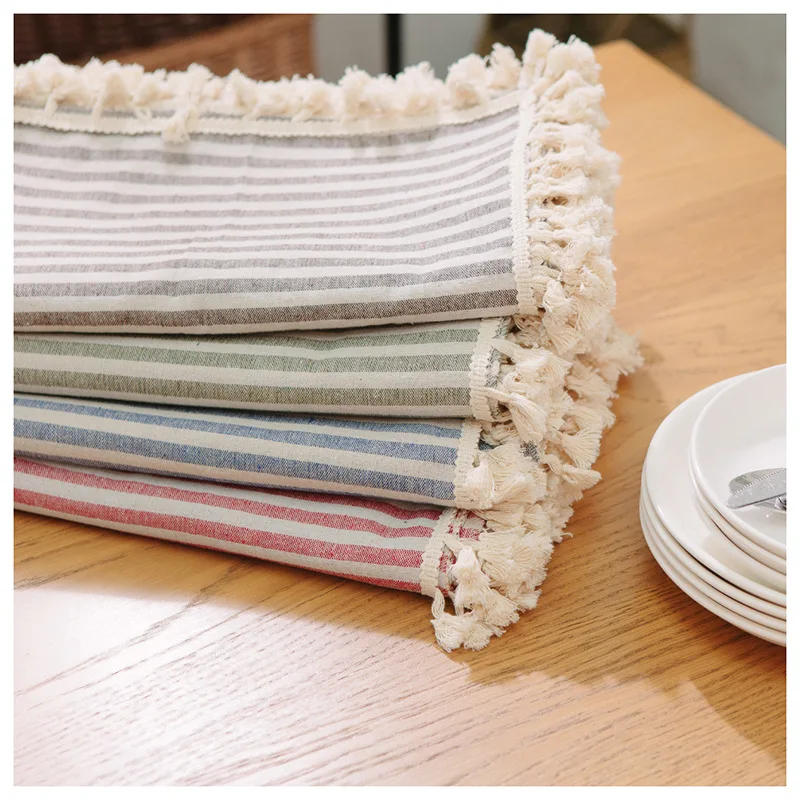 CFen A\'s Quality Dining Tablecloth Rectangle Cotton Linen Stripe Print Table Cloth Tassels Home Kitchen Banquet Table Cover 1pc