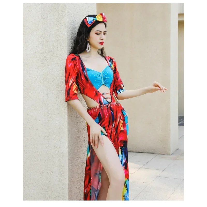 

Women Belly Dance Class Uniform Flower Printing Baladi Dress Saidi Dresses Girls Folk Costume Set Long Robe with Headbands