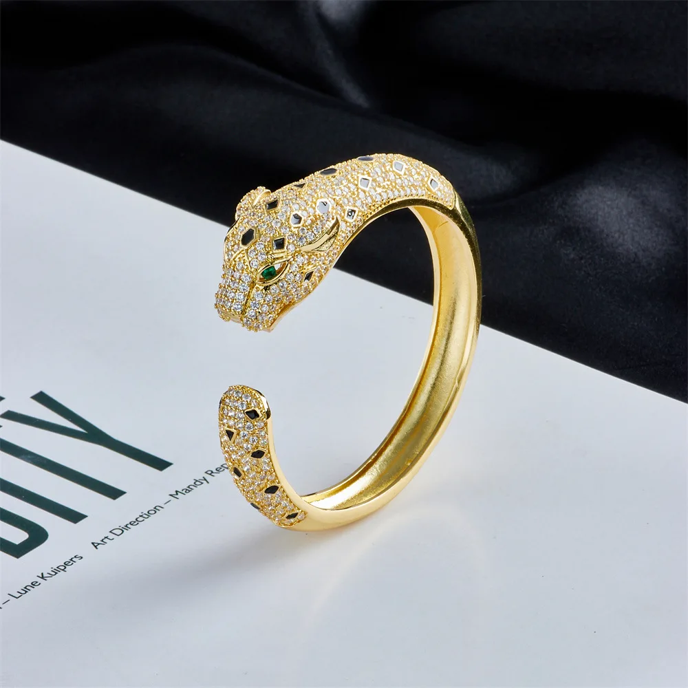 

European and American fashion copper-plated 18K gold zircon leopard head Bracelets for women wrist jewelry party jewelry bangles