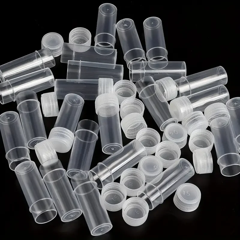 50 Stück 5-ml-Kunststoff-Probenfläschchen, kleine Aufbewahrungsfläschchen, Reagenzgläser mit Schraubverschluss für Laborpulverproben – Detail 3