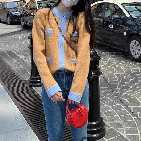 2025 신상 루즈핏 슬리밍 니트 가디건, 여성용 다용도 라운드넥 긴팔 스웨터 배색 재킷