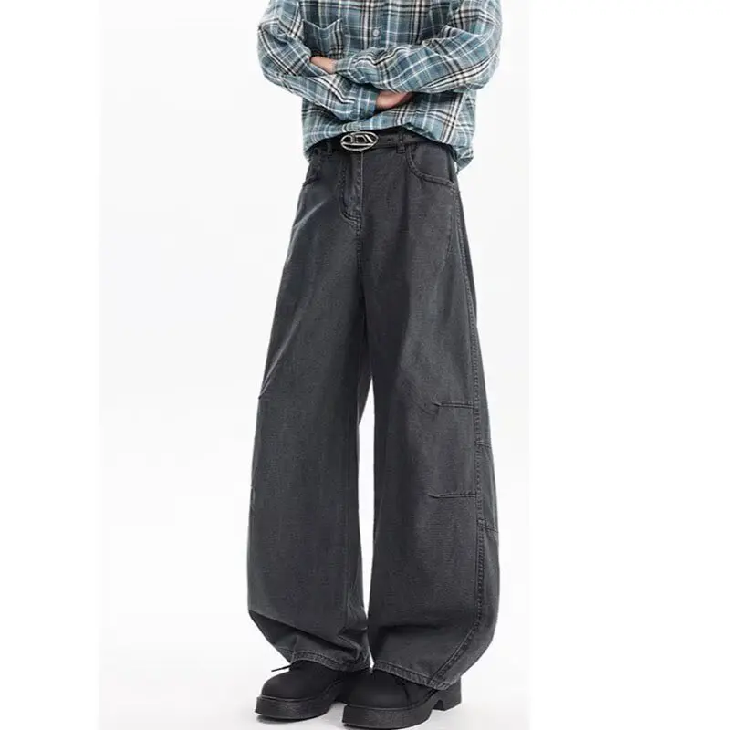 

American high street curved casual pants men's pleated straight leg pants Spring and Autumn trend loose wide leg work pants