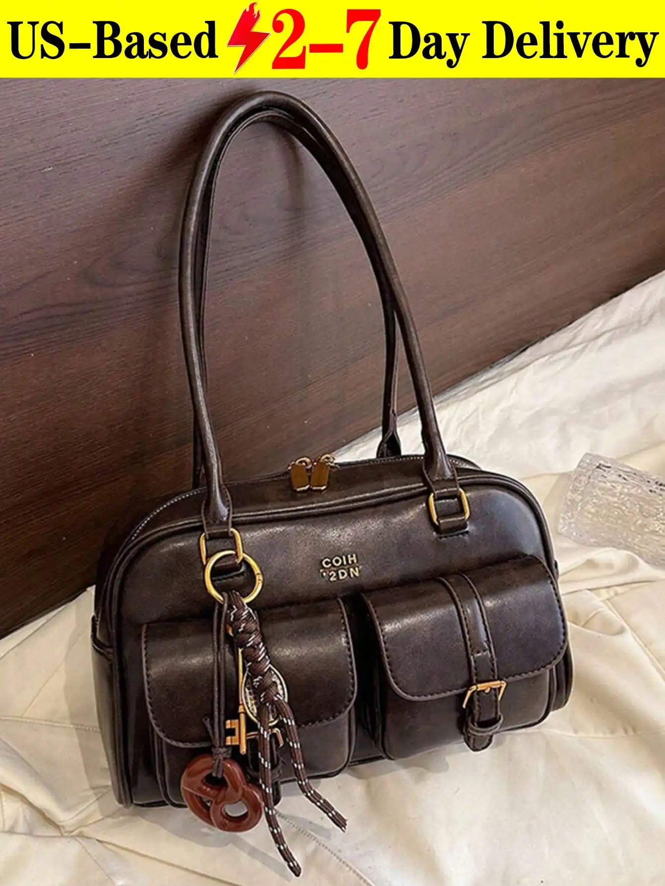 

Ladies Retro Solid Color Pu Leather Shoulder Bag, Multi-Pocket Design, Large Capacity, Comes With Removable Accessory Pendant, Retro Style Ladies Handbag, Retro Tote Bowling Style Bag, New Fashion Ladies Large Capacity Commuter Shoulder Bag,Tote Bag,Totes