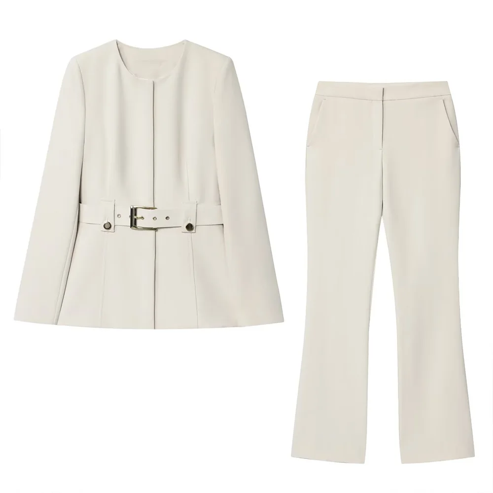 

Cross-border 2025 Spring and Autumn High-end Virgin Commuter Style Set Slim Belt Suit Jacket Flat Pants