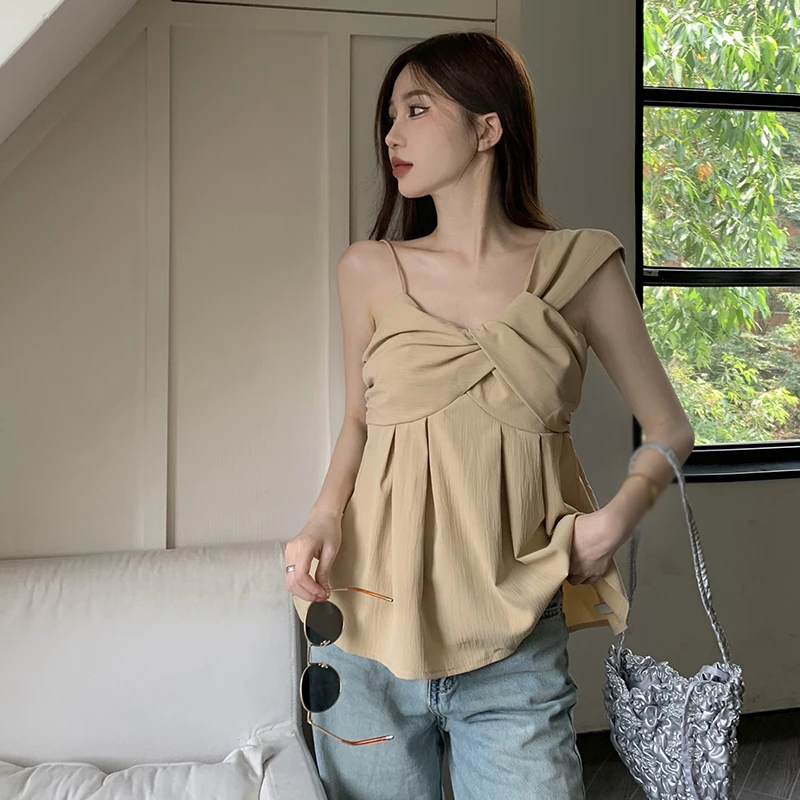 Summer Women\'s Blouse Solid Color Fashion Irregular Off the Shoulder Sleeveless Camisole Shirt Top