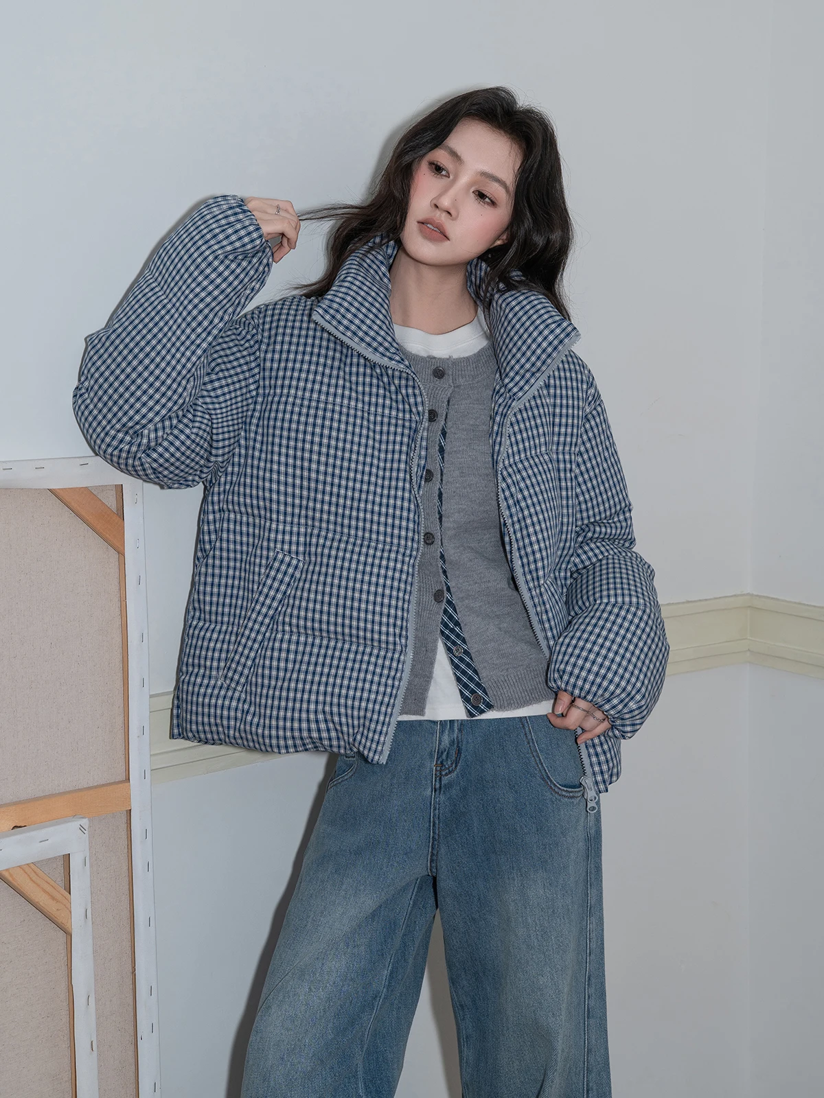 

Синий винтажный пуховик в клетку для женщин, свободный повседневный топ с воротником-стойкой, теплая верхняя одежда для осени и зимы, модное женское пальто