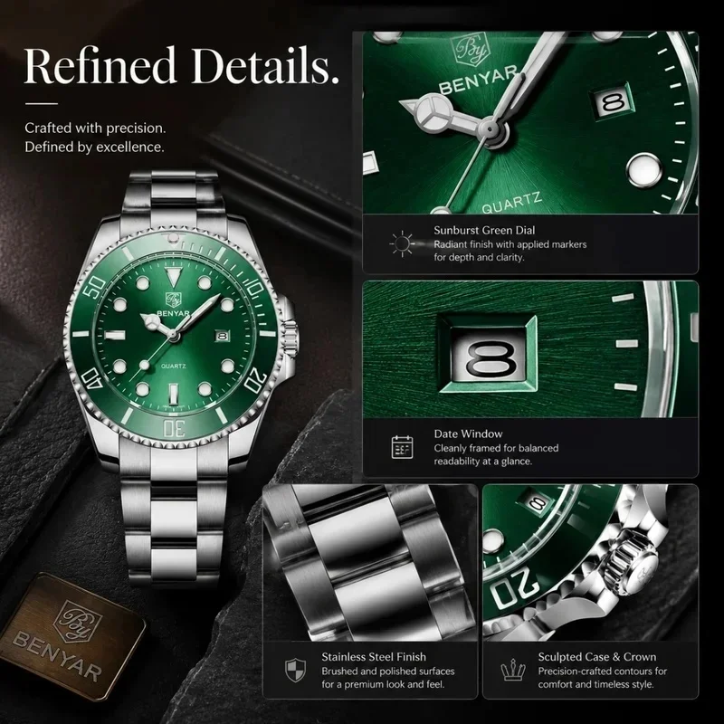 2026 New BENYAR BY-5223 Men's Luxury Leisure Business Quartz Wristwatch, 43MM Dial, Stainless Steel, 30M Water Resistant