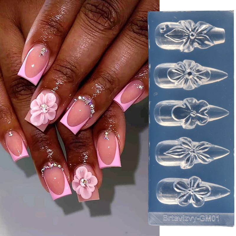 Molde de silicona 3D de flores para uñas, lirio e hibisco, plantilla de tallado de pétalos, esténciles para gel polish, decoración de primavera/verano 3