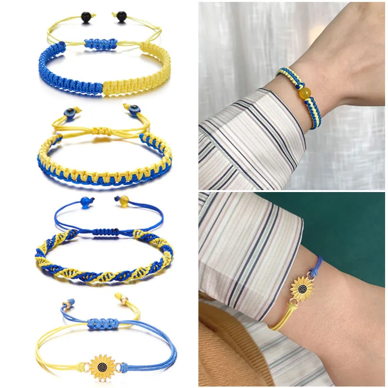 Pulseras de Ucrania con dijes de color amarillo y azul para mujeres y hombres, pulsera de hilo tejida hecha a mano con bandera ucraniana, nuevo diseño, joyería para parejas