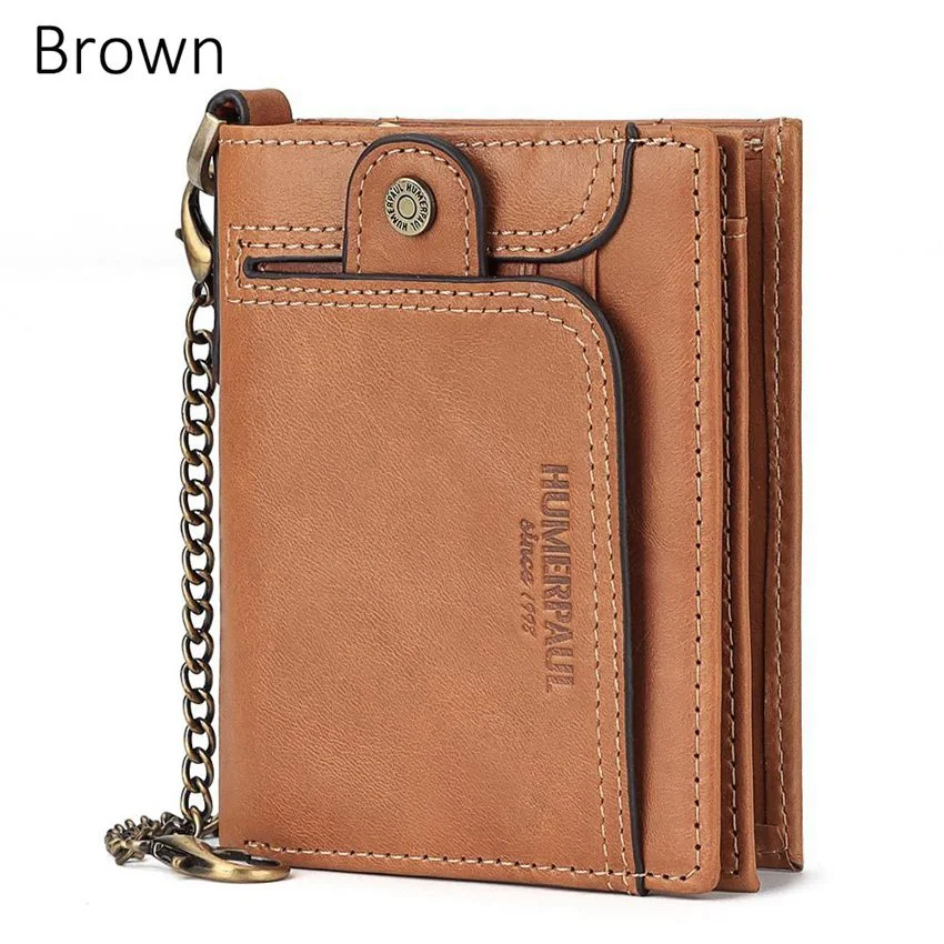 Retro RFID Blocking Wallet Men's Cow Leather Chain Wallet Short Wallet Money Clip Card Holder Wallet Notecase