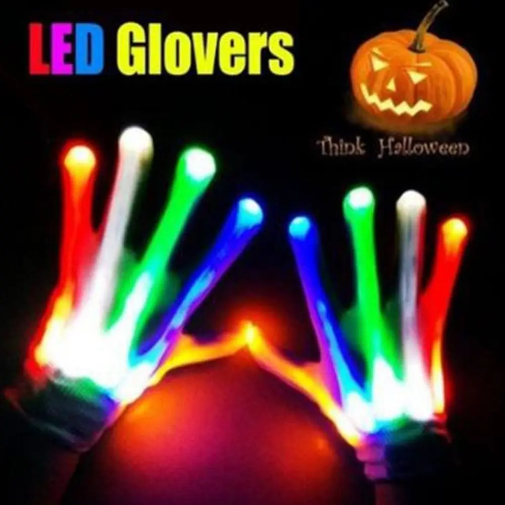 2 Pcs Funny Halloween LED Glow Glove Rave Light Luminous Colorful Gloves Neon Stripes Multi-Function Flash Finger Gift