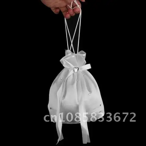 

Wedding Bridal Flower Girl Drawstring Dolly Bag Crystal White Satin Handbag FOR Home Decoration