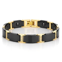 10mm Punk Gold Color Stainless Steel Chain Zircon Bracelet For Men Women Black Ceramic Health Care Magnetic Bangle Jewelry