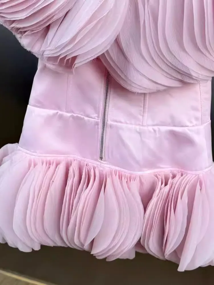 Vestido Mini Rosa com Camadas e Renda Sem Alças para Mulheres, Moda Feminina Tendência 2026