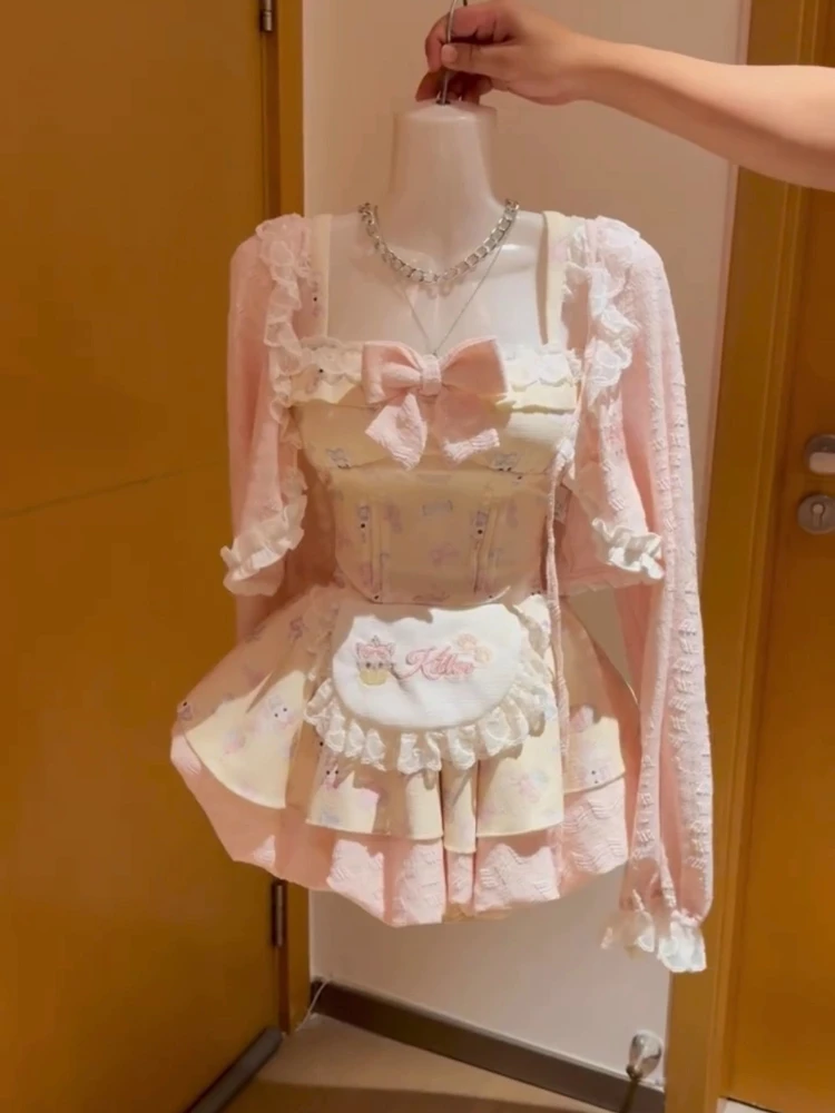 

Милый милый комплект из 3 предметов в японском стиле, женская куртка с принтом + топы с бантом Y2k + кружевная юбка на подтяжках, Harajuku, винтажный дизайн, наряды