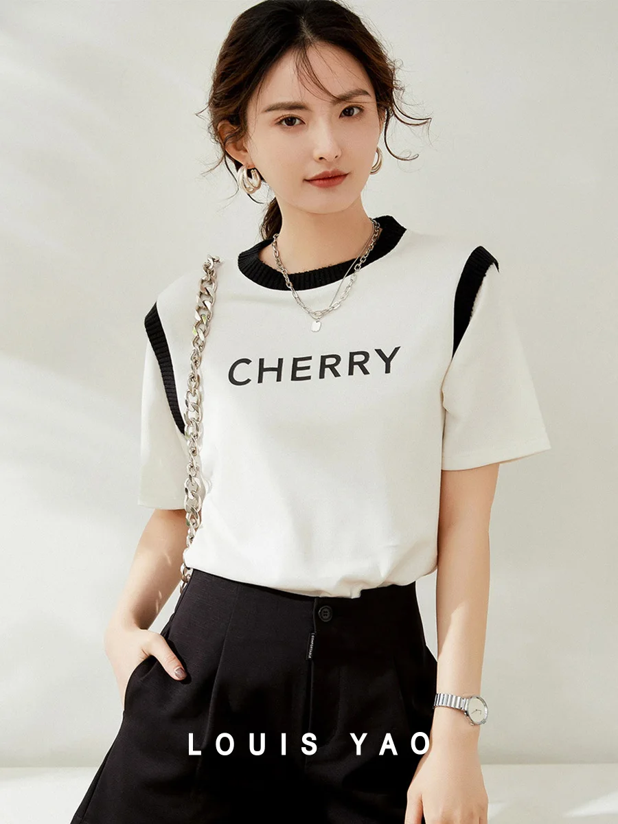 

LOUIS YAO Splicing Color Contrast Shirt 2025 Summer Casual Hooded Loose Letter Printed Short Sleeve Women’s T-shirt Women