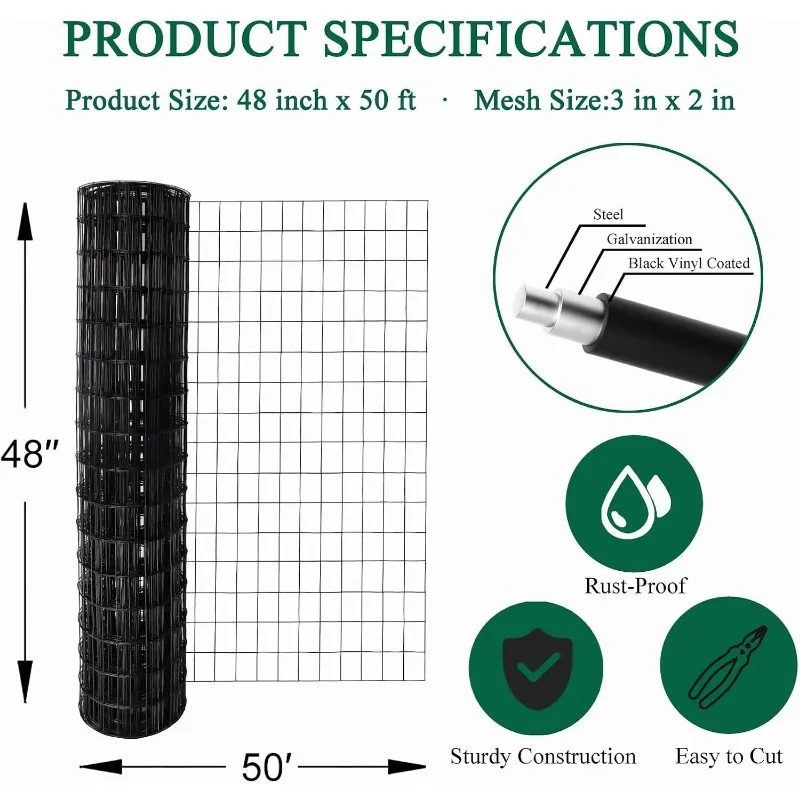 Забор из сварной проволоки, 48 дюймов x 50 футов, 2 дюйма x 3 дюйма 16GA, садовое ограждение, рулон, виниловое покрытие, металлическая проволока