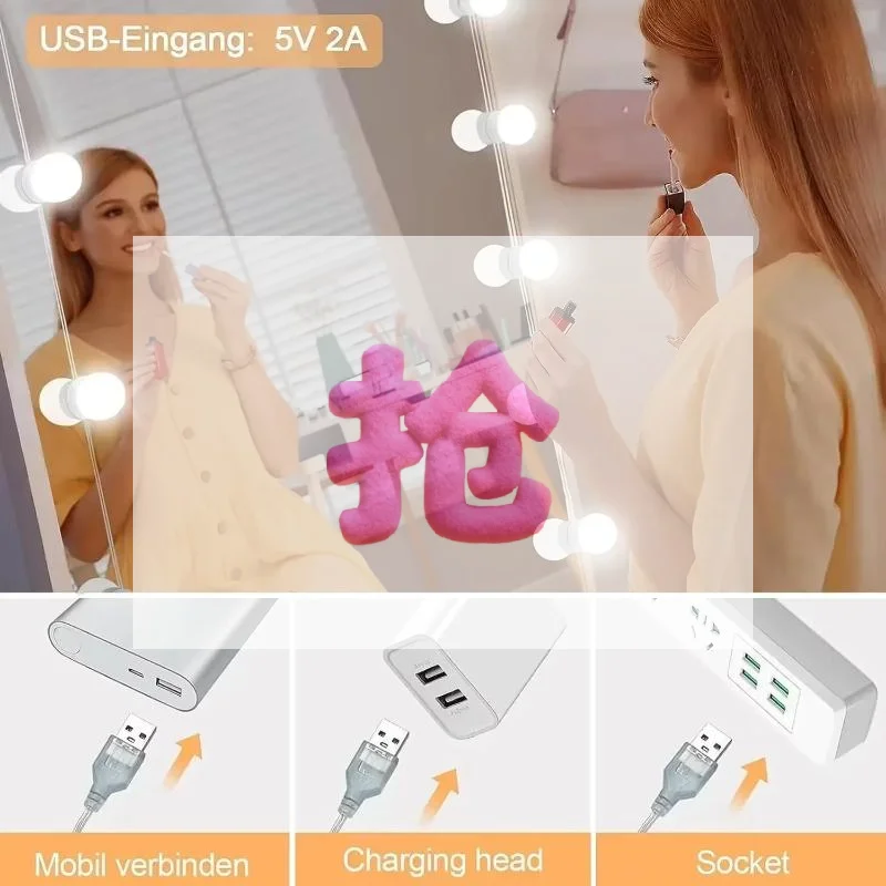 10 LED Vanity Mirror Lights Dimmable Makeup Bulb Kit Adjustable Brightness Color For Bedroom