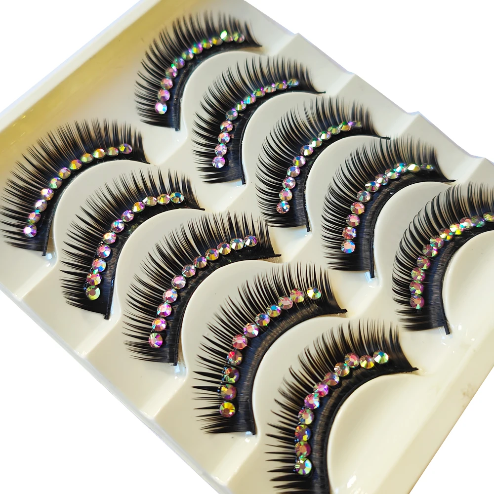5 ペアメイクアップダイヤモンドつけまつげ長く厚い輝くダイヤモンドまつげパーティーショーキャットウォークハロウィンクリスマスラテンまつげ