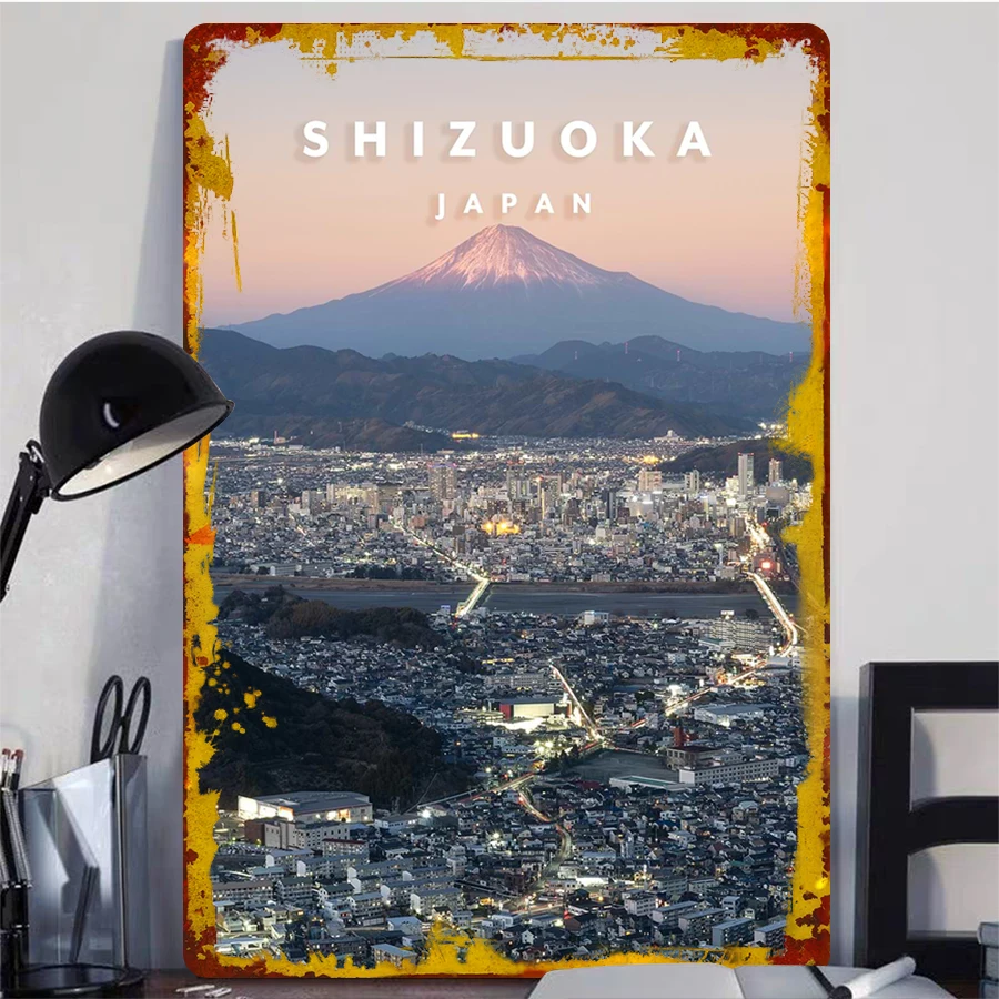 Shizuoka اليابان سيتي سكيب ملصق معدني جبل فوجي ليلة عرض ديكور المنزل جدار الفن تذكارية