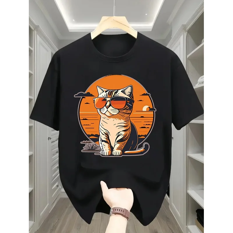Men's Summer Casual Short-Sleeve T-Shirt Fashion Printed Cool Cat Sunset Top Suitable for Everyday Wear