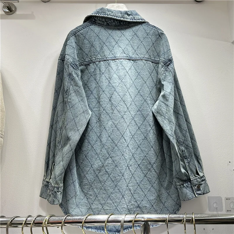 WTHT Trendy Women's Embroidery Animal Design Plaid Denim Shirt 2025 Summer Fashion Lapel Long Sleeve Blouse Female 1LS1345