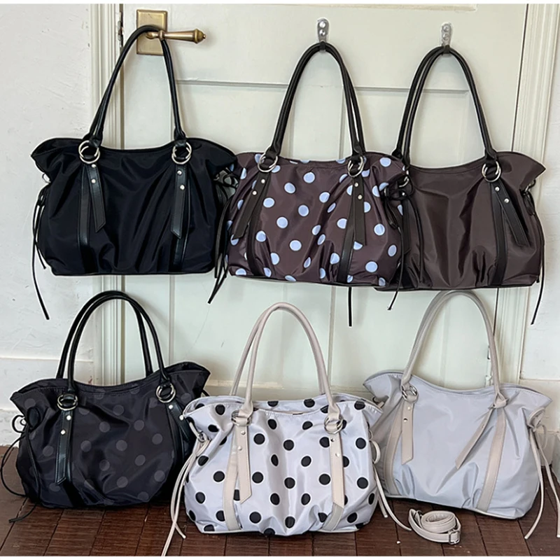 Women Nylon Tote Bag Polka Dot Large Capacity Shoulder Handbag Drawstring Design Removable Crossbody Strap Commuter Travel Bag